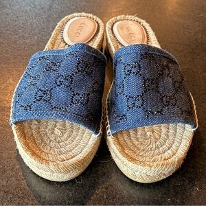 Gucci Denim GG Espadrille Slide Sandals | Blue Crystal Monogram | Size 7 1/2